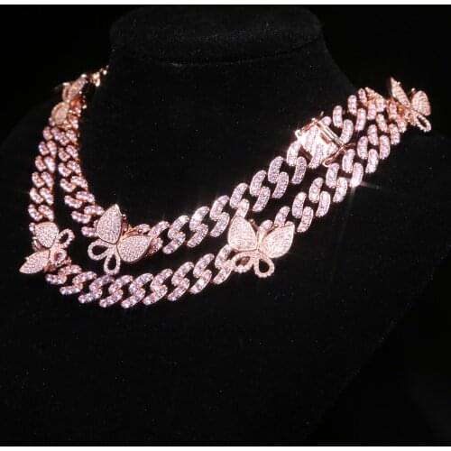 Romantic Wedding Jewelry 12mm Iced Out Women Choker Necklace Cuban Link Pink Butterfly With Pink CZ Zircon Chain Animal Necklace