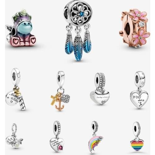 925 Sterling Silver Beads Pride Blue Dreamcatcher Two-tone Birthday Candle Love My Home Heart Colourful Rainbow Dangle Charm