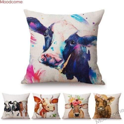 Nordic Watercolor lovely Cow Painting Home Decorative Sofa Throw Pillow Case Oil Painting Cotton Linen Chair Seat Cushion Cover