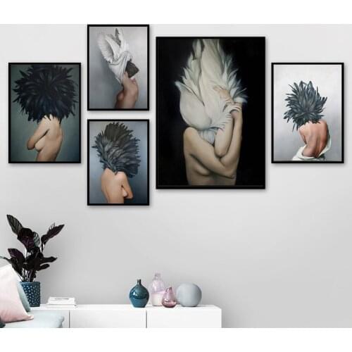 Modern Posters and Prints Flowers Feather Women Print Oil Painting Canvas Wall Art Pictures for Living Room Home Decoration