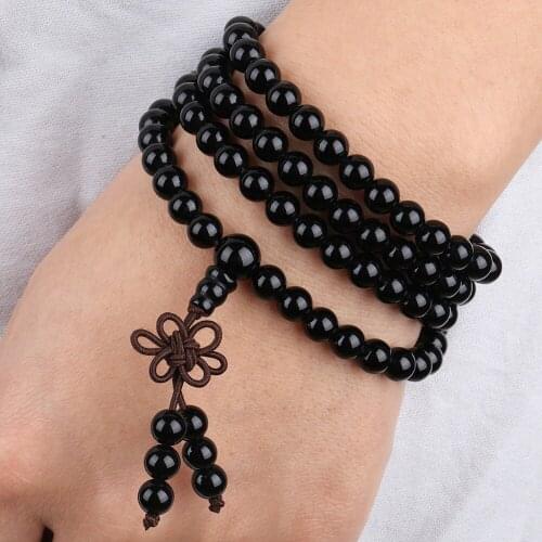 SUNYIK Black Onyx 6mm Buddhist Buddha Meditation 108 Prayer Bead Mala Bracelet/Necklace