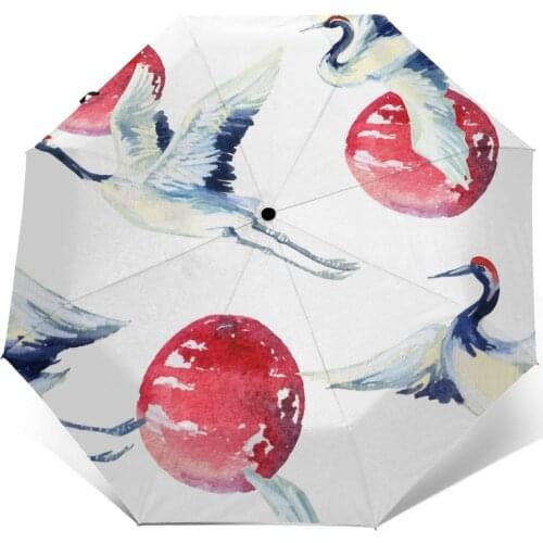 Wind Resistant Fully-Automatic Umbrella Watercolor Asian Crane Bird Pattern Rain 3 Folding Parasol Travel Car Umbrella