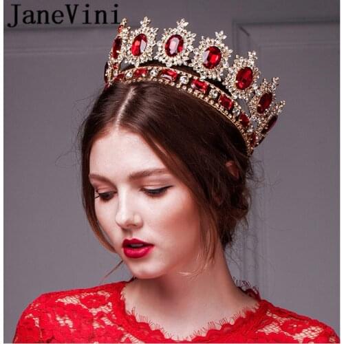 JaneVini Baroque Red Head Jewelry Rhinestone Women Pageant Tiaras And Crowns Crystal Bridal Wedding Crown Queen Hair Accessories