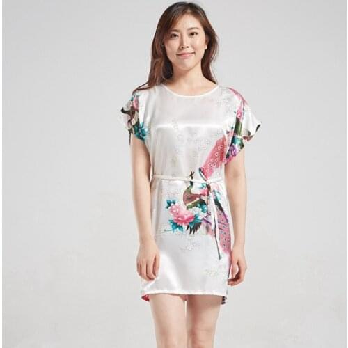 White Vintage Chinese Womens Silk Sleepshirt Sexy Mini Rayon Robe Dress Printed Floral Nightgown Kimono Gown One Size A150