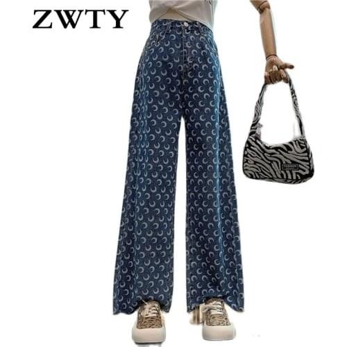 ZWTY High Waist Jeans for Women 2021 Spring Summer Fashion New Printing Straight Pants Wide Leg Female Denim Pants Fashion