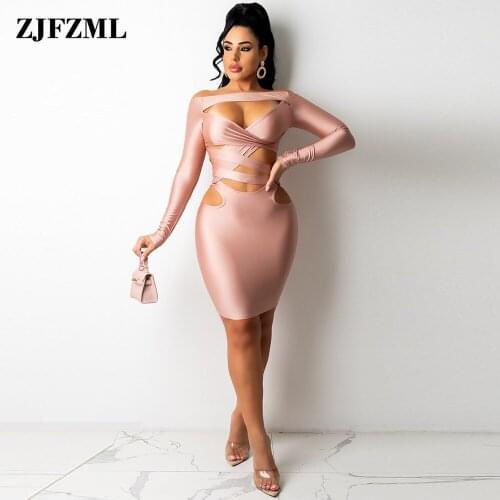 Pink Satin Cross Hollow Out Pencil Dresses Sexy Women Off Shoulder Long Sleeve Sheath Dress Elegance Ladies Bodycon Mini Robe