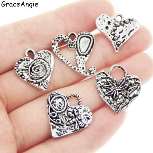 10pcs/pack Mix Style Antique Love Heart Chamrs For Necklace Pendant Man Vintage Crafts Bracelet Jewelry MakingColor