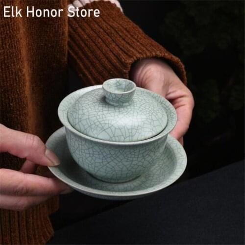 200ML Ru Kiln Raise Ceramic Single Cover Bowl Tea Gracked Glaze Simple Antique Kung Fu Cup Three-Force Cover Bowl Tea Set Gaiwan