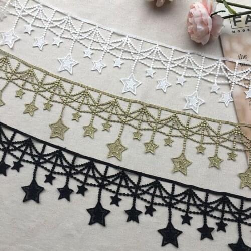2mts 10.5cm wide black white gold stars tassel milk silk embroidery lace clothes skirt stitching curtains home accessories AC718
