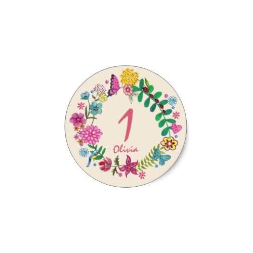 3.8cm Floral Circle First Birthday Party Stickers