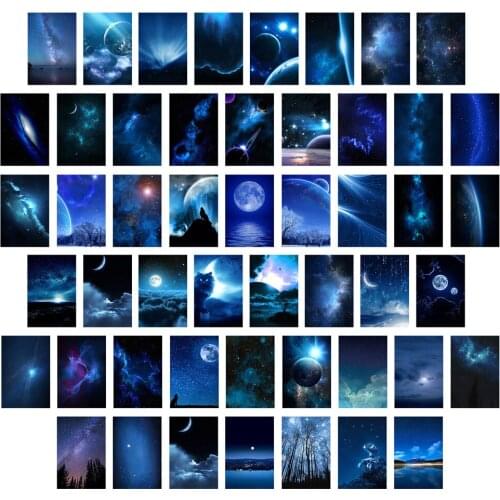 50pcs Dark Blue Theme Photo Wall Collage Kit Galaxy Stars Wall Art Posters Aesthetic Picture Nature Nebula Universe Room Decor