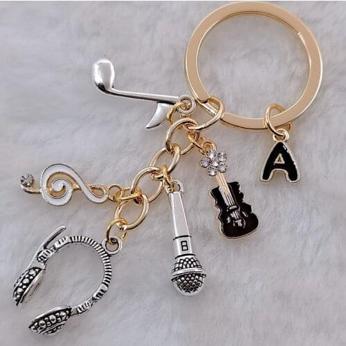 A-Z letter music keychain enamel earphone note keychain guitar microphone key ring car mens ladies gift keychain