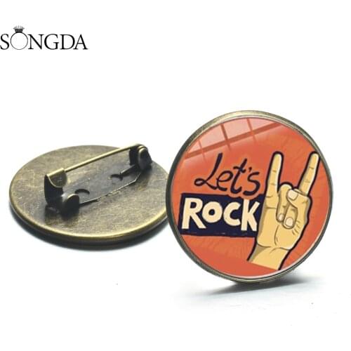 Rock Band Cool Gesture Badges Harajuku Style Hip Hop Rock Hand Printed Glass Round Brooch Rockin'Rock Denim Jackets Decor