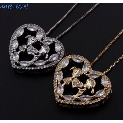 MHS.SUN Fashion Heart Mosaic Zircon Pendant Necklace Cute Boys Girls Family Chain Necklace Vintage Party Jewelry 1Pc