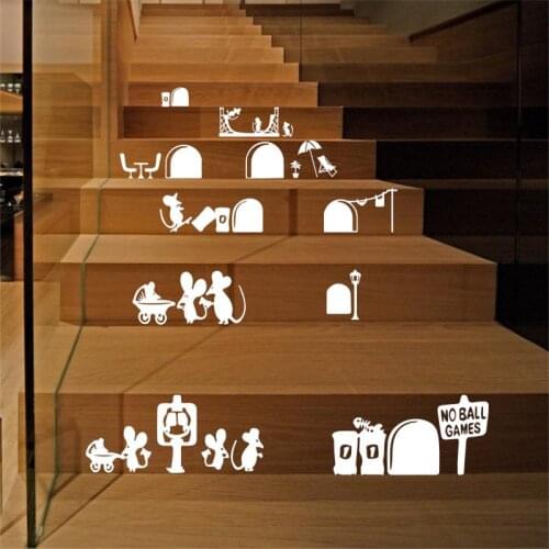 Cartoon Animal Mouse Family Hole Carved Stair Wall Stickers Home Decoration Living Room Wall Decals Self-adhesive DIY Art Mural