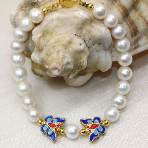 New fashion natural white pearl 8-9mm beads charms strand bracelets for women butterfly cloisonne elegant jewelry 7.5inch B2977