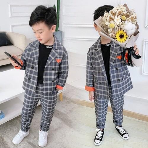 Autumn Spring Child Casual Plaid Dress Suit Set Boys Girls Double Breasted Blazer Pants 2pcs Outfits Kids Wedding Party Costume