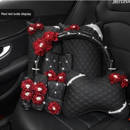 Retro Red Rose Flower Series Original Design Car Steering Wheel Cover Handbrake Cover Perfume Bottle Car Headrest Waist Pillow