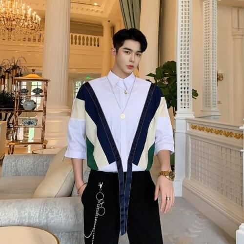 Spring summer ribbons stripe patchwork men shirt vintage casual blouse man white color elegant oversized shirt korean clothes