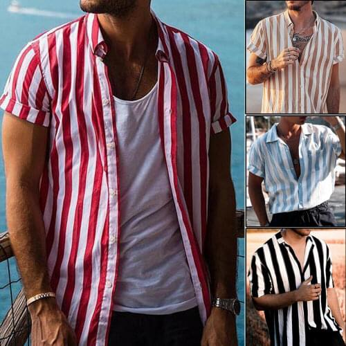 Fashion Summer 2020 Mens Striped Short Sleeve V-Neck Striped Button Up Shirt Summer Casual Blouse Tee Tops