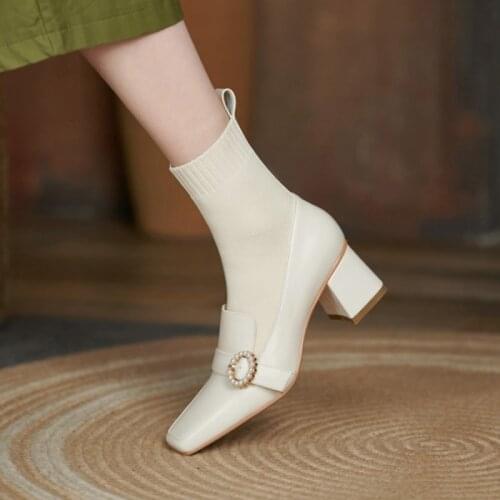 2021 Fashion Women Boots Ankle Zapatos De Mujer Genuine Leather Boots for Women Chunky Heel Stretch Sock Boots Fall Shoes Women