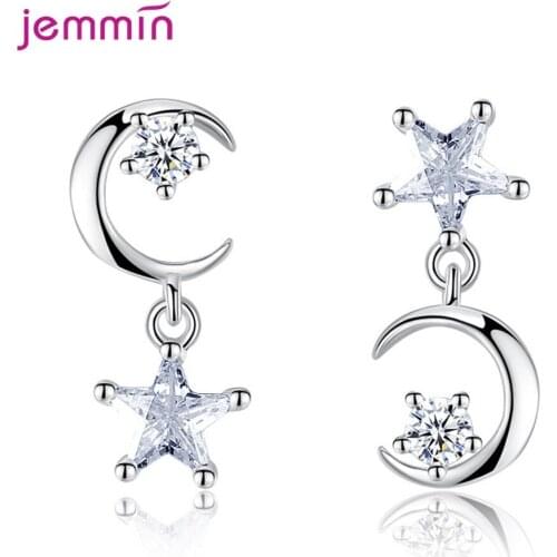 Women S925 Sterling Silver Star Moon Earrings Fashion Korean Style Classic Star Shape Cubic Zirconia Jewelry for Decoration