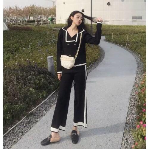 2 piece set women spring and autumn new style temperament knit pants suit draping wide leg pants elegant two-piece