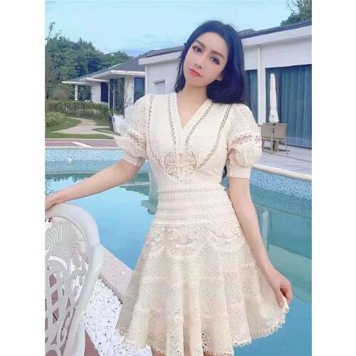 2021 New Autumn High Quality Embroidery Lace Women Dress Runway Designer Female Puff Sleeve Slim Ball Gown Party Dress