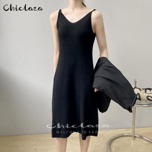 Autumn Spaghetti Strap Party Dress Women Sexy V Neck Solid Lady Knitted Dresses