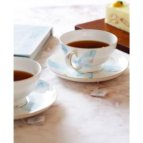 250ml bone china ceramic tea cup saucers butterfly printed creative Europe style coffee flower tea cups & saucers birthday gifts