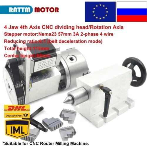 4 jaw chuck 4th Axis K12-100mm CNC dividing head/Rotation Axis & Tailstock for Mini CNC router engraving
