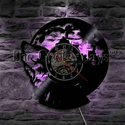Wolf Howling Design Decorative Lighting Vinyl Record Wall Clock Forest Wildlife Animals Decor Wall Watch LED Hanging Lamp
