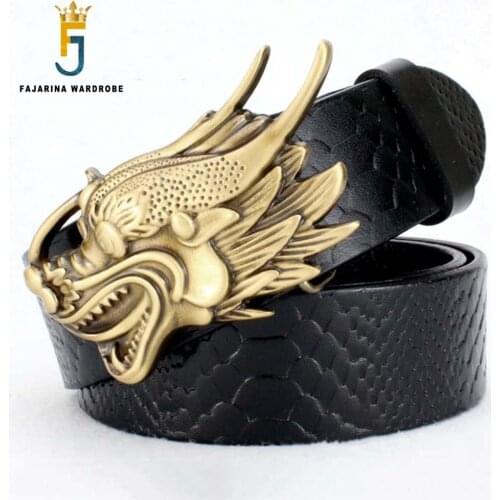 FAJARINA High Quality Unique Designer Mens Dragon Head Pattern Brass Smooth Belts Scale Cowskin Leather Casual Belts Men NW0147