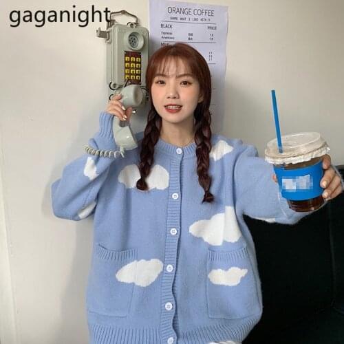 Gaganight Japanese New Blue Girls Knitted Sweater Cardigans Loose Tender Single Breasted Women Tops Fashion Outside Long Sleeve