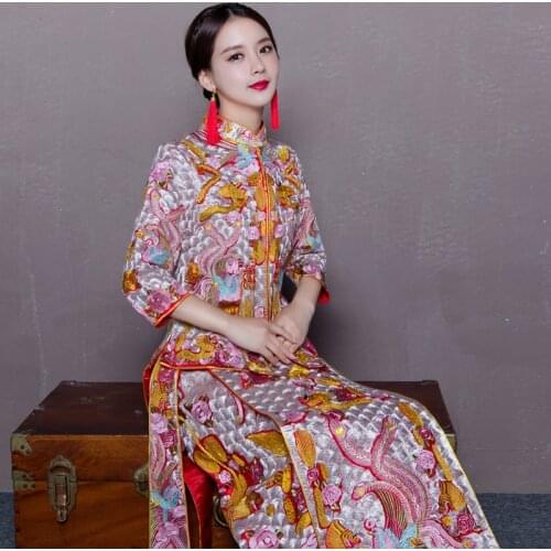 Chinese style costume Embroidery Dragon wedding dress Phoenix cheongsam evening dress show clothing slim Style for the Wedding