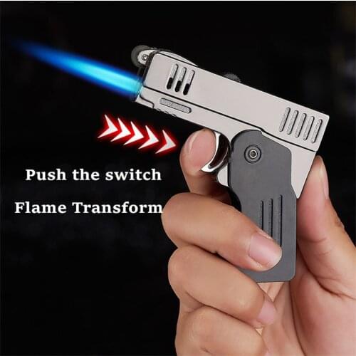 Creative Metal Double Fire Deformation Pistol Butane Gas Lighter Free Spray Torch Firestone Funny Cigar Lighter Gift