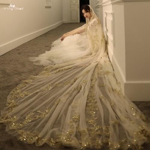 LZP549 New Arrive Glittering Gold Lace Sequins Bridal Veil Metal Comb Long Cathedral Wedding Veil