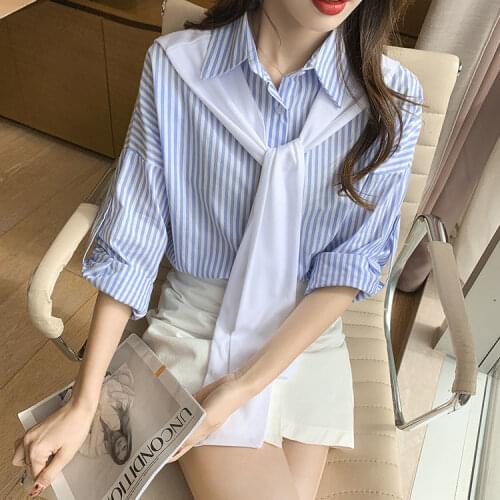 2021 Autumn New Women Cotton Linen Blouse Female Korean Loose Long Sleeve Striped Blusas Casual Turn Down Collar Shirt Tops Q401