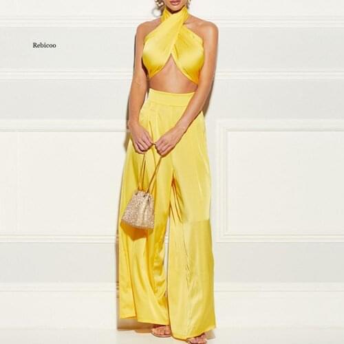 Sexy Chic Satin Women Two Piece Set Summer Halter Tanks Top High Waist Palazzo Pants Set Fashion Party Club 2 Piece Set