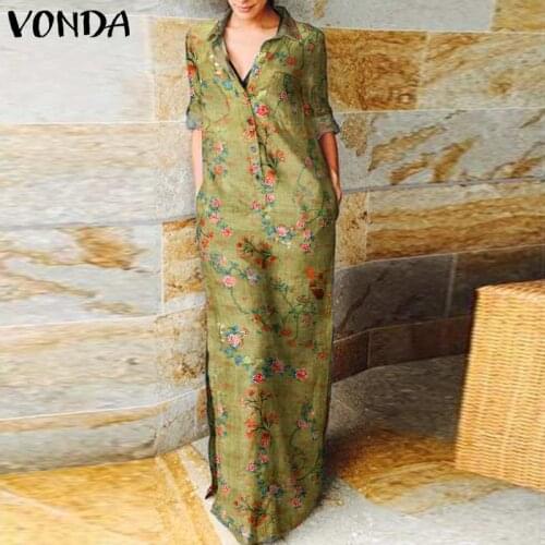 Kaftan Dress Floral Printed Dress 2021 VONDA Women Spring Long Sleeve Pleated Lapel Neck Shirts Vestido With Pockets Robe Femme
