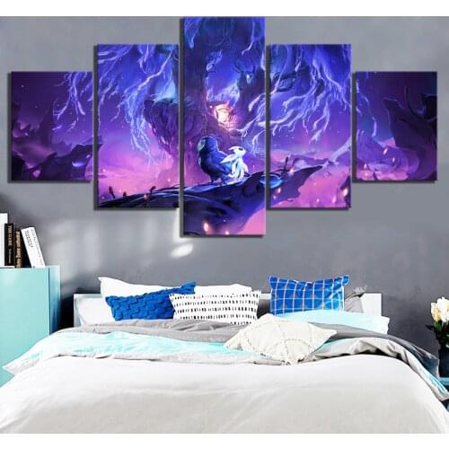 5 Piece Cartoon Landscape Poster Pictures Ori and The Blind Forest Game Poster Artwork Canvas Paintings Wall Art for Home Decor