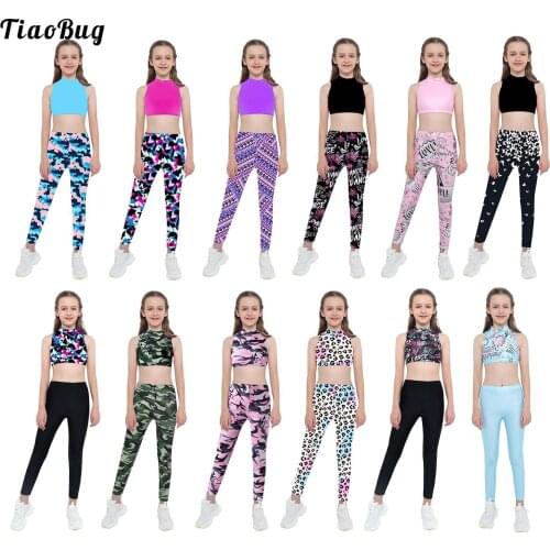 Casual Summer 2Pcs Kids Girls Yoga Sport Suit Stand Collar Sleeveless Keyhole Back With Press Button Closure Crop Top With Pants