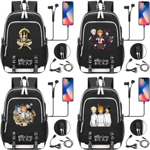 The Promised Neverland USB Backpack Schoolbag Mens And Womens Leisure Fashion Backpack Boys Girls Bookbag Outdoor Shoulder Bag