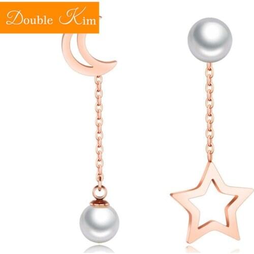 Star Moon Pearl Asymmetric Stud Earrings Titanium Stainless Steel Inlaid Pearl Rose Gold Fashion Trendy Women Jewelry Gift
