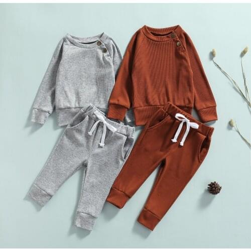 2Pcs Kids Spring Autumn Tracksuit Solid Color O-Neck Long Sleeves Pullover Shirt + Casual Long Pants for Little Boys 0-24 Months