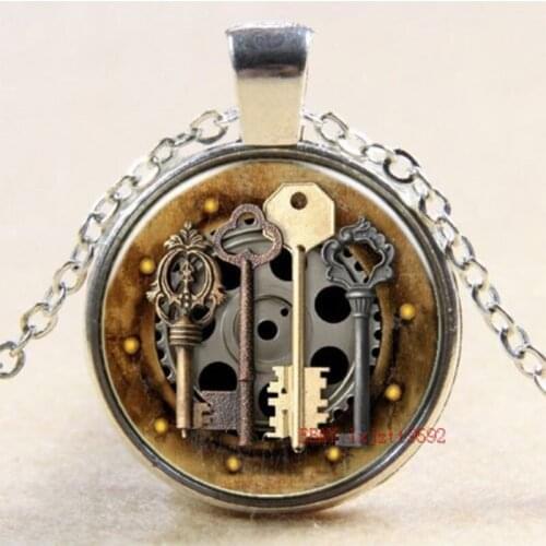Steampunk Key Gear Art Picture Glass Pendant Punk Necklace Fashion Women Jewelry Valentines Gift Chain Necklace Gift