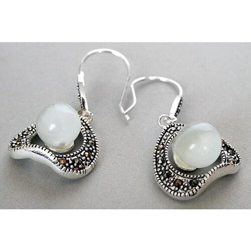 VINTAGE 925 STERLING SILVER 10MM WHITE Natural jade ROUND BEADS EARRINGS 1.5"