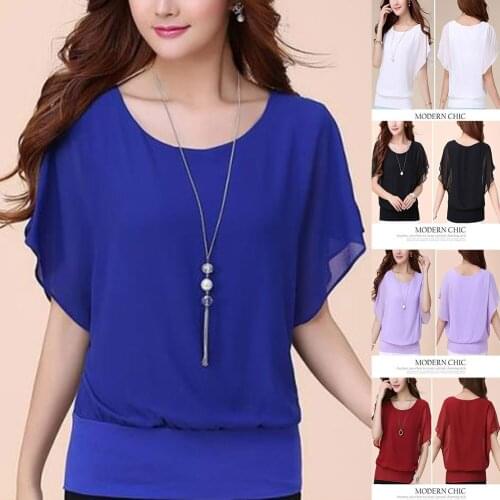 Women O Neck Chiffon Blouse Summer Bat-sleeved Summer Clothes Tops Plus Size -OPK