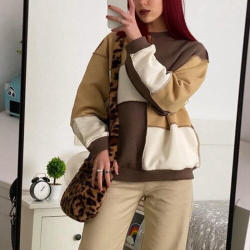 Women Y2K Color Block Sweatshirt Spring Fall Long Sleeve Round Neck Patchwork Pullover Top Harajuku Hoodies E-Girls Streetwear