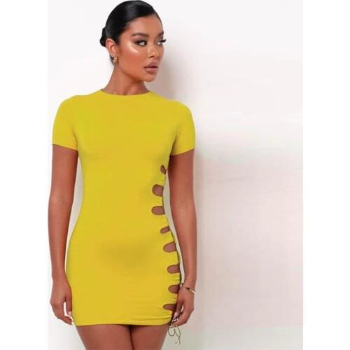 White/yellow Side Hollow Drawstring Mini Dress Women Sexy Round Neck Short Sleeve Pencil Dresses Summer Body-shaping Vestidos